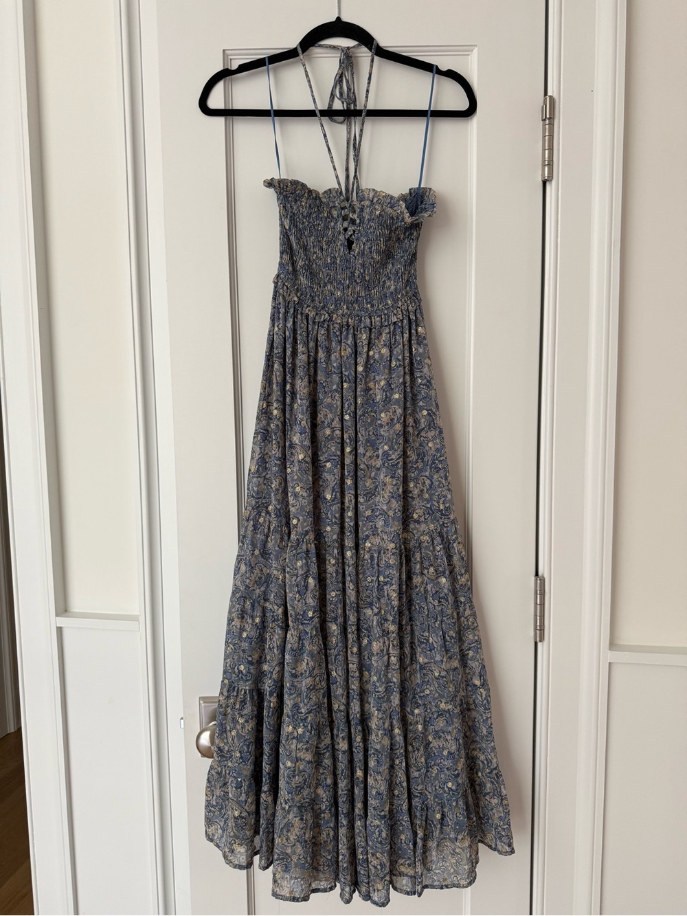 Aqua Smocked Blue Paisley Maxi Dress with Halter Tie